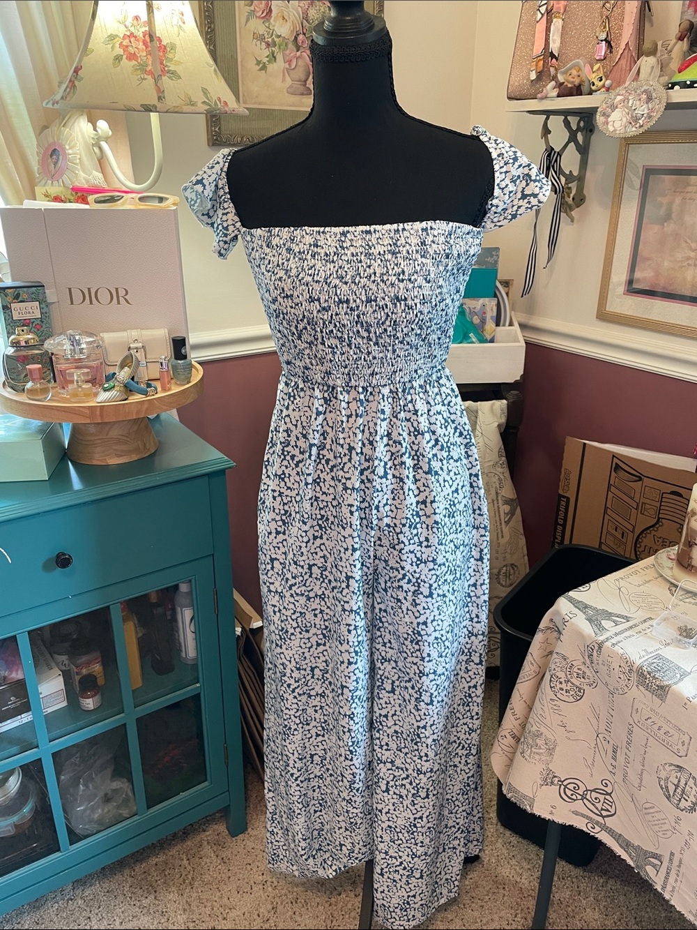 Smocked Square-Neck Rompers in Blue Floral
